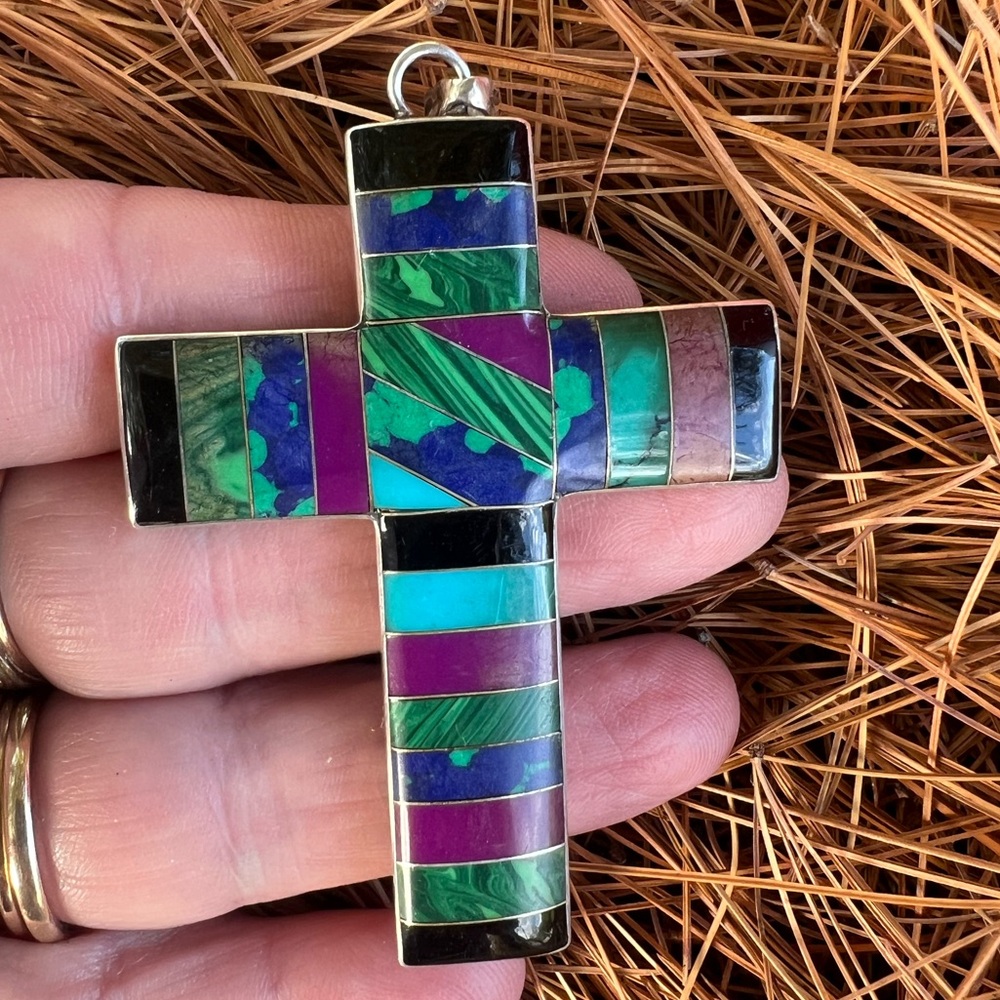 Huge sterling mexico inlayed cross pendant